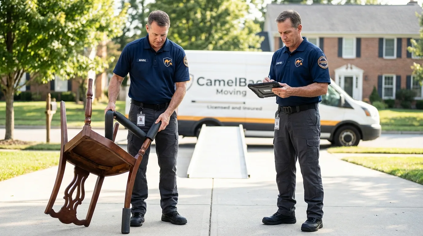 Movers inspecting furniture for damage prevention before loading in Bonners Ferry, ID